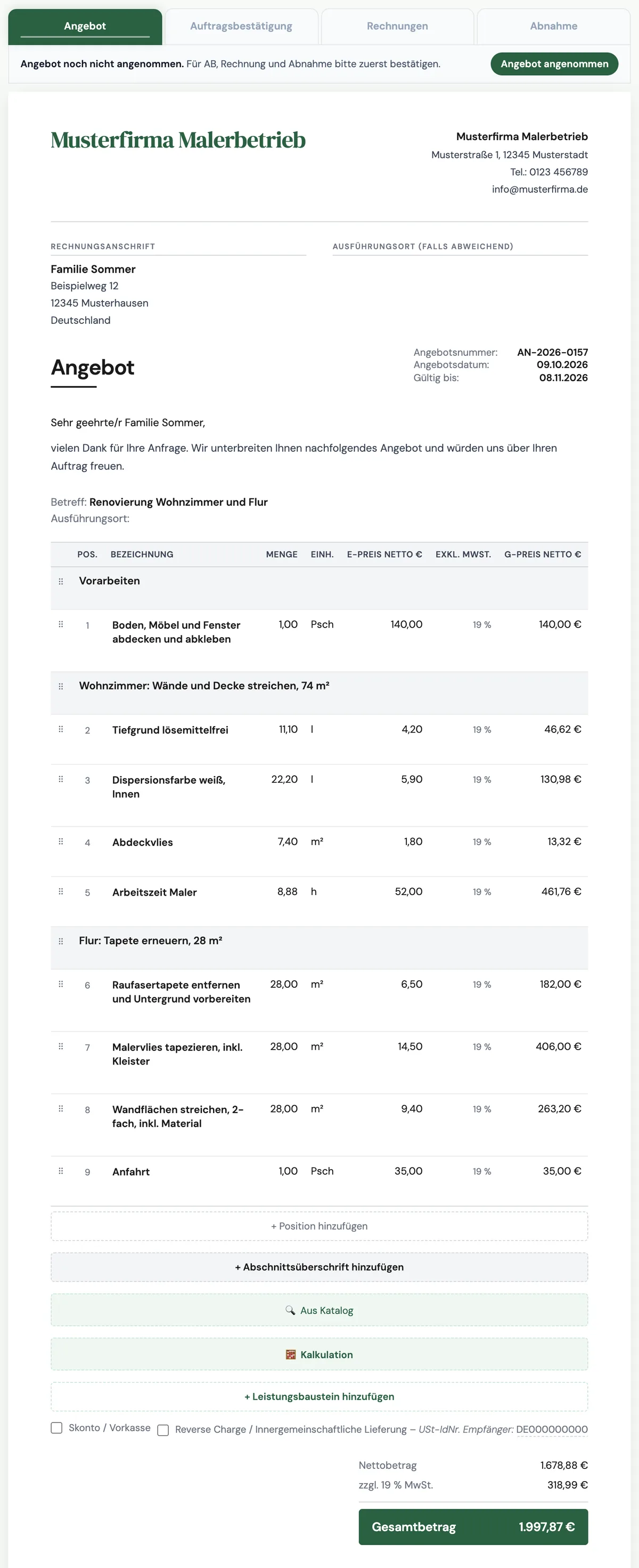 Beispielangebot Renovierung Wohnzimmer und Flur im HandwerksFlow-Editor: Abschnitte Vorarbeiten, Wohnzimmer und Flur, neun Positionen, Nettobetrag 1.678,88 €, Gesamtbetrag 1.997,87 €