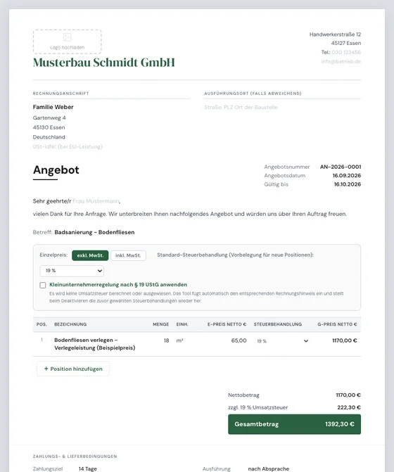 Angebotsgenerator mit Eingabefeldern und Angebotsvorschau